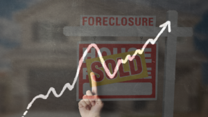 Graphic showing a foreclosure sign with a large 'SOLD' label and an upward-curving trend line indicating rising foreclosures.