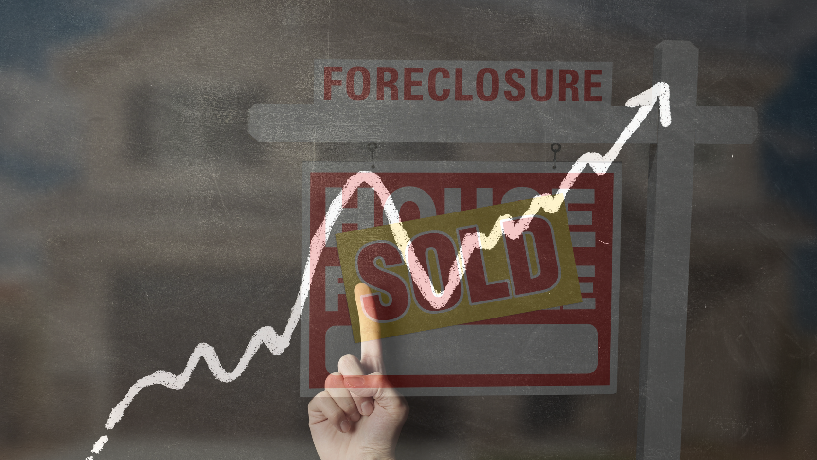 Graphic showing a foreclosure sign with a large 'SOLD' label and an upward-curving trend line indicating rising foreclosures.