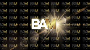 Central BAM logo in bold white and gold with radiant light beams on a black, repeating BAM branding background.