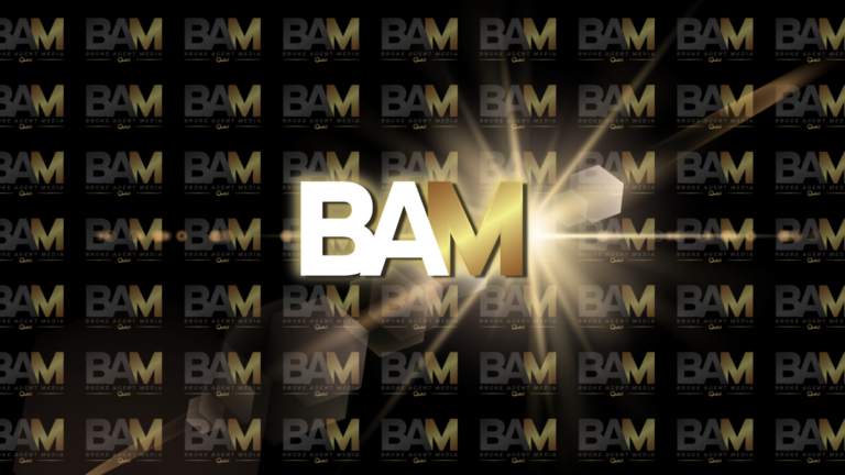 Central BAM logo in bold white and gold with radiant light beams on a black, repeating BAM branding background.