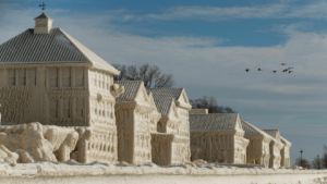 Row of buildings frozen in thick ice, icicles along the eaves, under a blue winter sky with a flock of birds in the distance