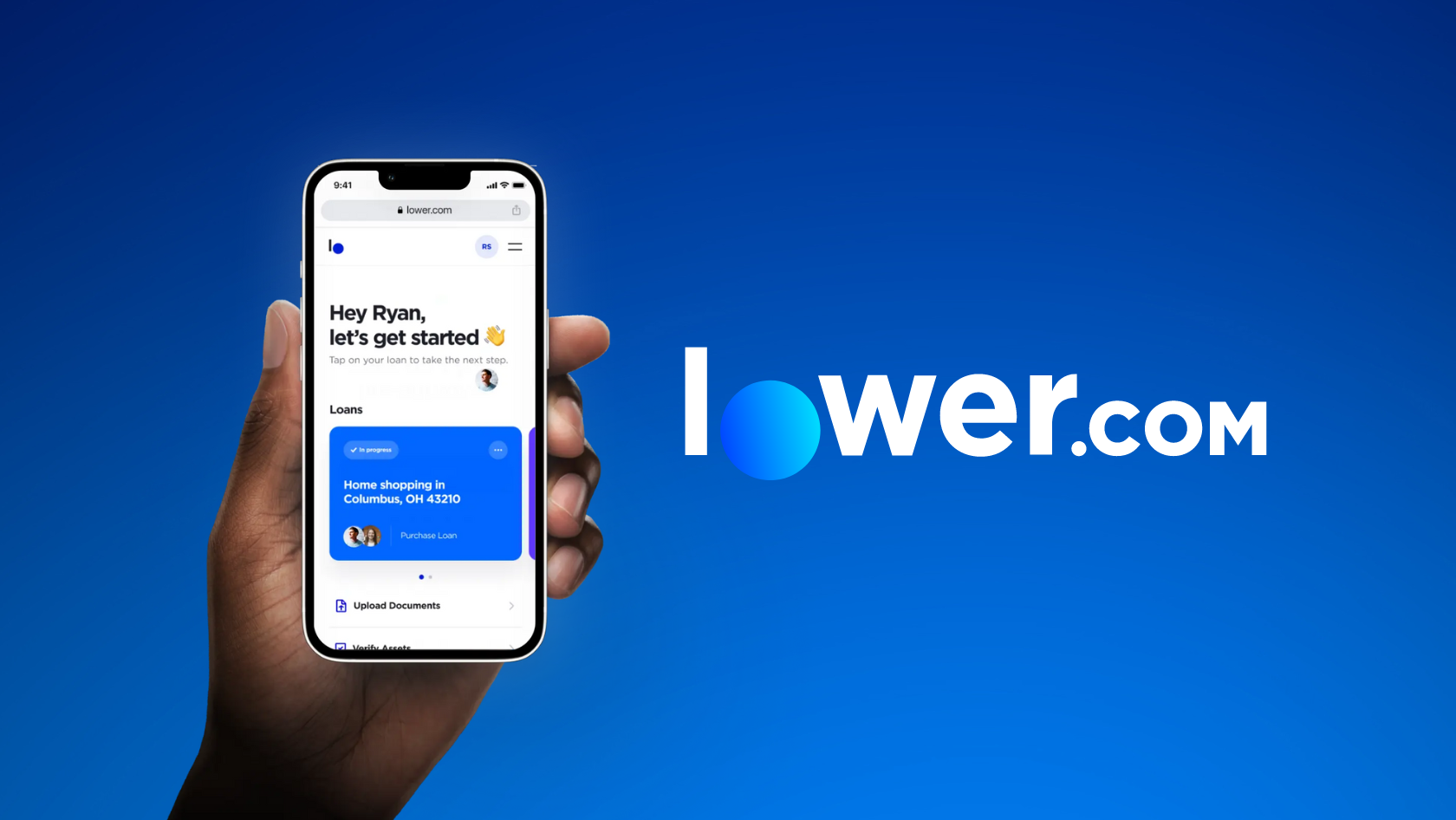 Hand holding a smartphone showing the Lower.com app interface on a blue gradient background with the logo to the right.