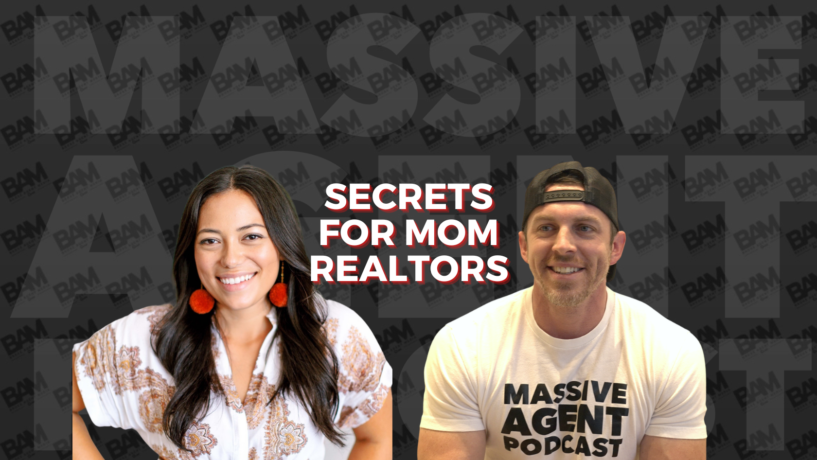 Podcast cover showing two hosts, a smiling woman left and man right, with 'Secrets for Mom Realtors' in bold center.