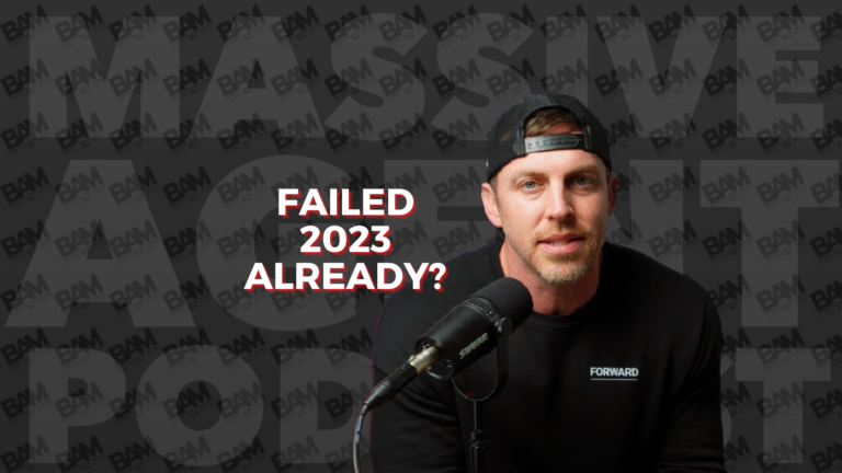 Podcast host wearing a backward cap speaks into a microphone, with bold title text reading 'FAILED 2023 ALREADY?'