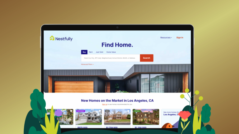 Laptop screen showing the Nestfully real estate homepage with a prominent 'Find Home' search bar and property listings below the fold.
