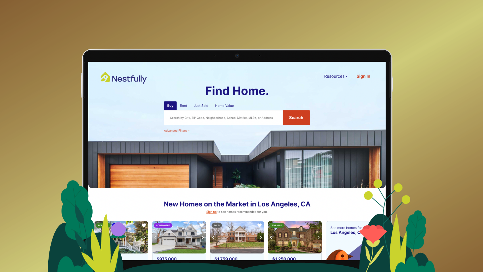 Laptop screen showing the Nestfully real estate homepage with a prominent 'Find Home' search bar and property listings below the fold.