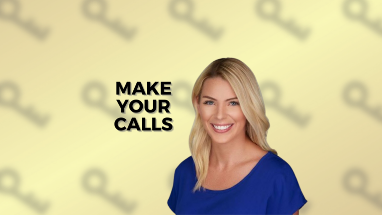Smiling woman in a blue blouse beside the slogan 'MAKE YOUR CALLS' on a pale yellow background with a faded key pattern (marketing hero image).