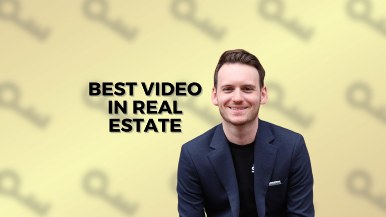 Smiling man in a navy blazer beside the bold headline 'Best video in real estate' on a yellow background with a soft pattern.