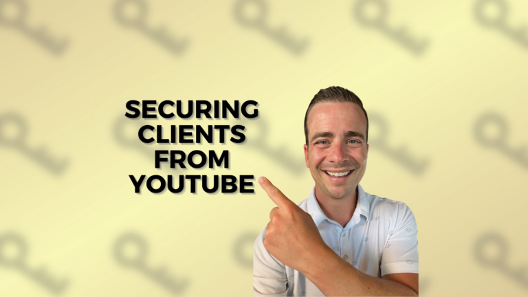 Smiling man in a light shirt points toward the bold text 'Securing Clients From YouTube' on a pale yellow patterned background.