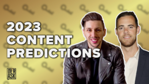 Video thumbnail with two men in cutout outlines on a yellow gradient background; bold text reads '2023 CONTENT PREDICTIONS' for a content-predictions video, small logo bottom-left.