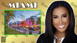 Thumbnail: a vibrant Miami street with palm trees, colorful pastel buildings, cars, and neon lights, alongside a large smiling woman portrait on the right; bold 'MIAMI' text above; OverAsk logo bottom-left.