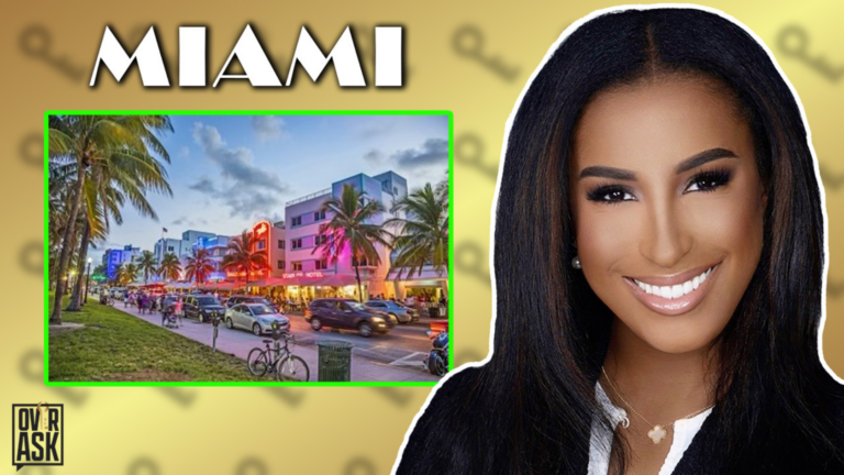 Thumbnail: a vibrant Miami street with palm trees, colorful pastel buildings, cars, and neon lights, alongside a large smiling woman portrait on the right; bold 'MIAMI' text above; OverAsk logo bottom-left.