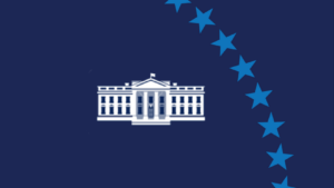 White neoclassical government building centered on dark blue background with a diagonal curve of blue stars to the right (EU-US relations theme)