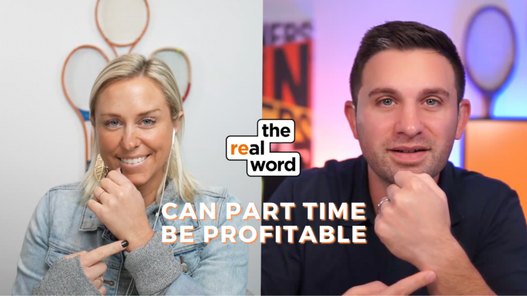 Split-screen thumbnail with a smiling woman on the left and a man on the right, discussing if part-time work can be profitable; shows 'the real word' logo center-left and the text 'CAN PART TIME BE PROFITABLE' at bottom.