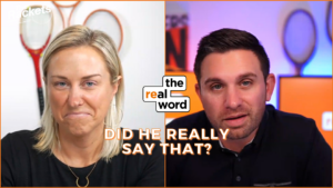 Split-screen thumbnail with a woman on the left and a man on the right, 'the real word' logo in the center and the bold title 'DID HE REALLY SAY THAT?' over an orange border.
