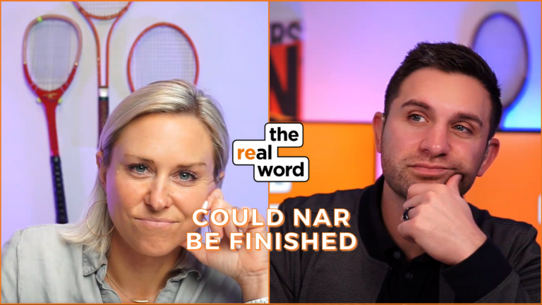 Split-screen thumbnail with a woman on the left and a man on the right, both resting their chins on their hands; center shows 'the real word' logo and orange caption 'COULD NAR BE FINISHED'