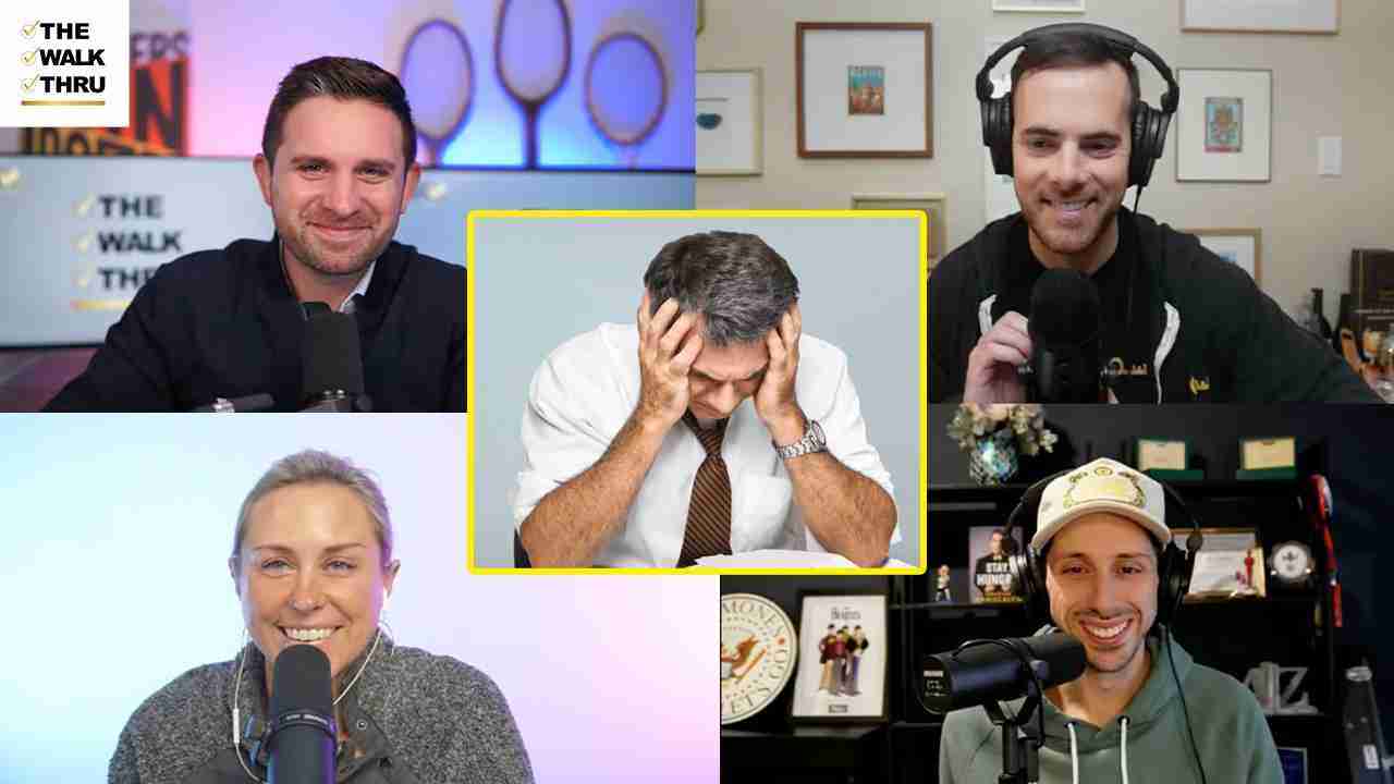 Five podcast hosts in a grid with a stressed man center-frame, head in hands, surrounded by teammates.