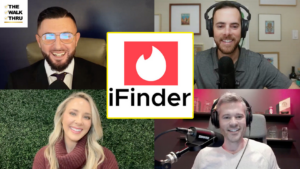 Four-panel video call with smiling hosts in each quadrant and the iFinder logo centered between them.