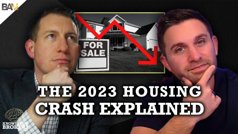 Two men in a podcast thumbnail look thoughtful, with a 'For Sale' house and a red downward arrow in the background, captioned 'The 2023 Housing Crash Explained'.