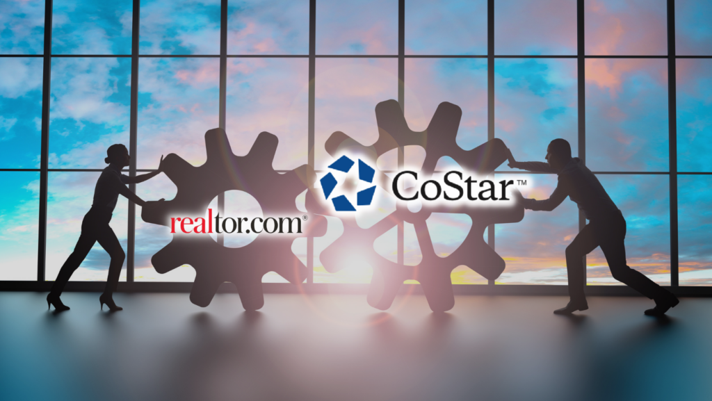 Silhouetted professionals push oversized gears bearing realtor.com and CoStar logos against a sunset window backdrop, symbolizing collaboration.