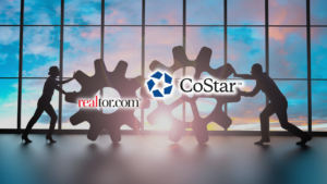 Silhouetted professionals push oversized gears bearing realtor.com and CoStar logos against a sunset window backdrop, symbolizing collaboration.