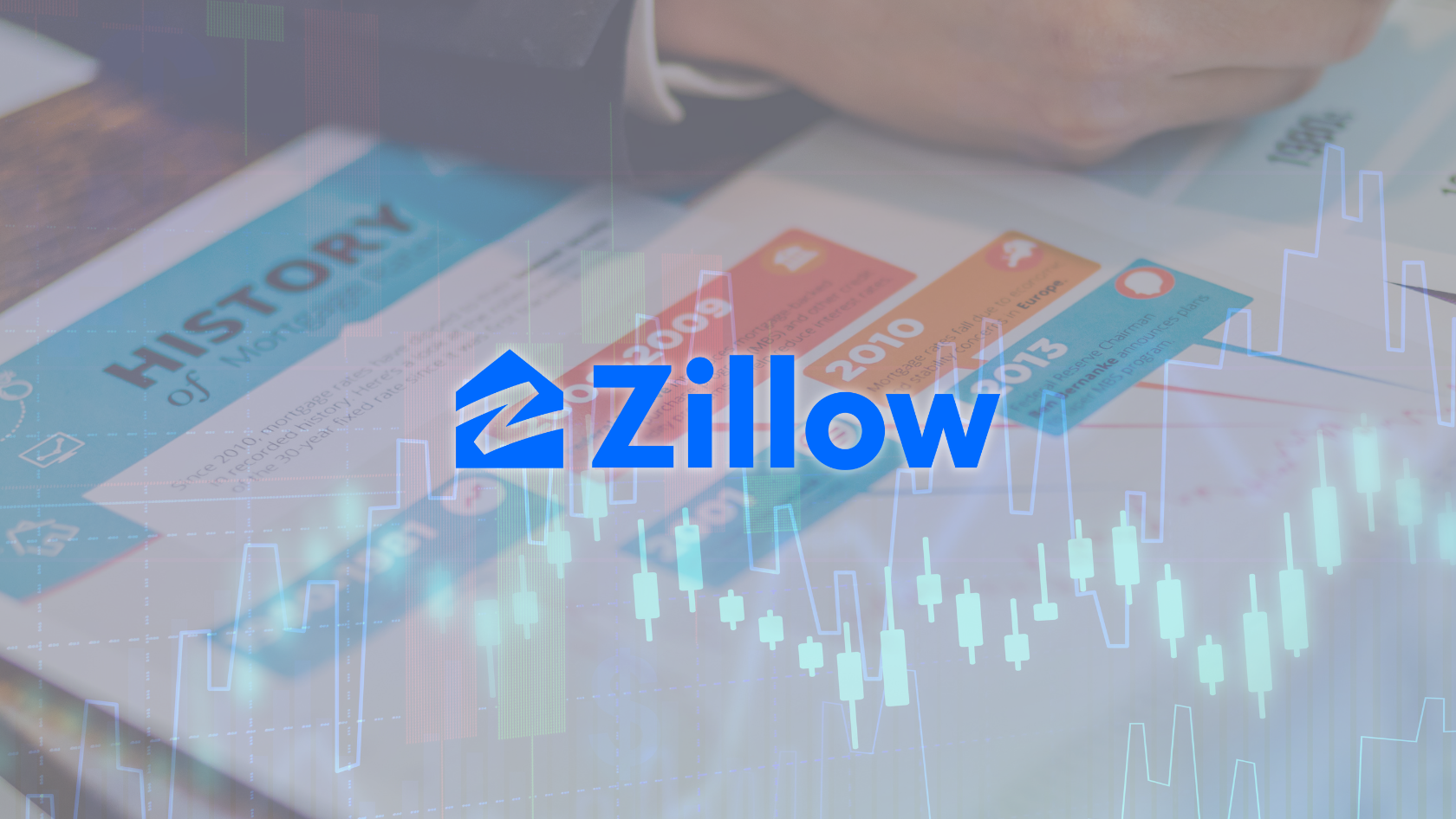 Zillow logo centered over a blurred mortgage history document.