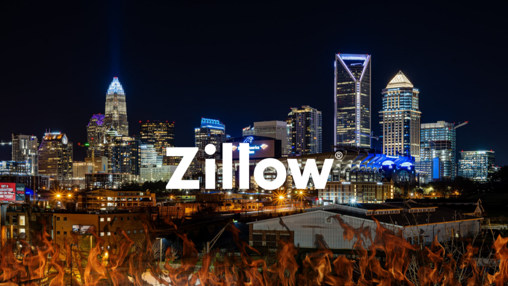 Night city skyline with illuminated skyscrapers and flames in the foreground, overlaid by a large Zillow watermark.