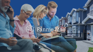Group of people using devices in front of a blue backdrop with a row of suburban homes and the Fannie Mae logo partially overlaid.
