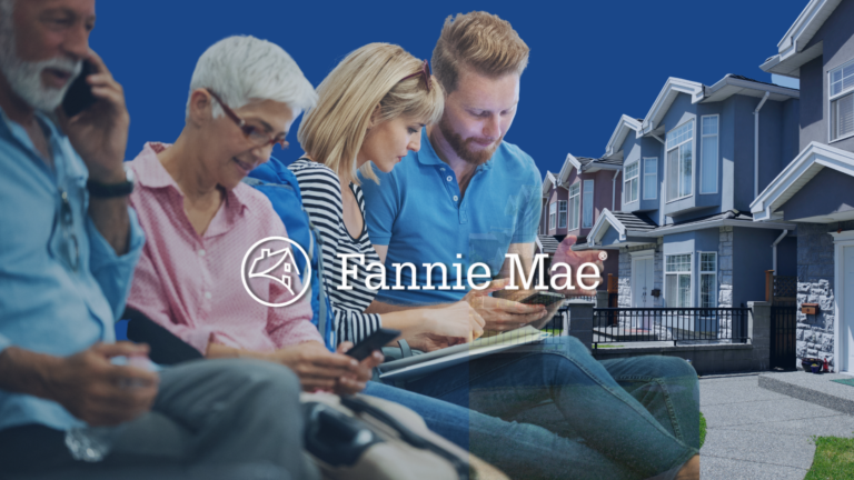 Group of people using devices in front of a blue backdrop with a row of suburban homes and the Fannie Mae logo partially overlaid.