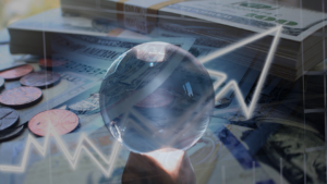 Crystal ball resting on dollar bills and coins with a glowing upward trend line, symbolizing financial forecasting.