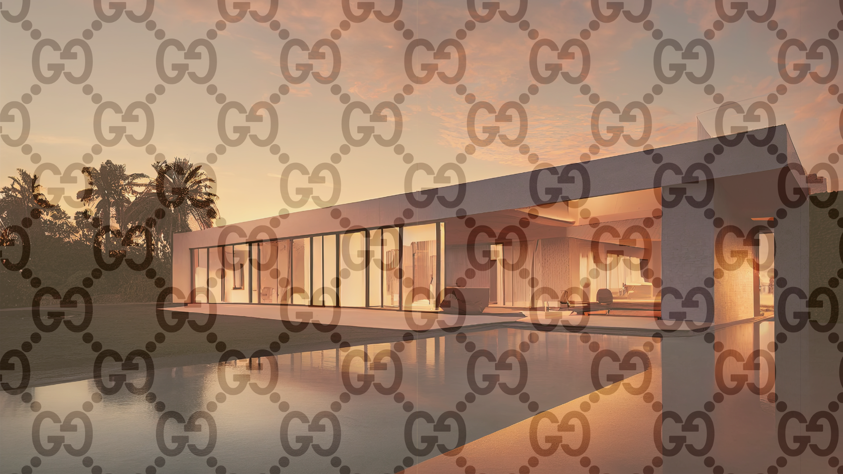Modern single-story villa with floor-to-ceiling glass walls and a long reflecting pool at sunset, palm trees in the background.