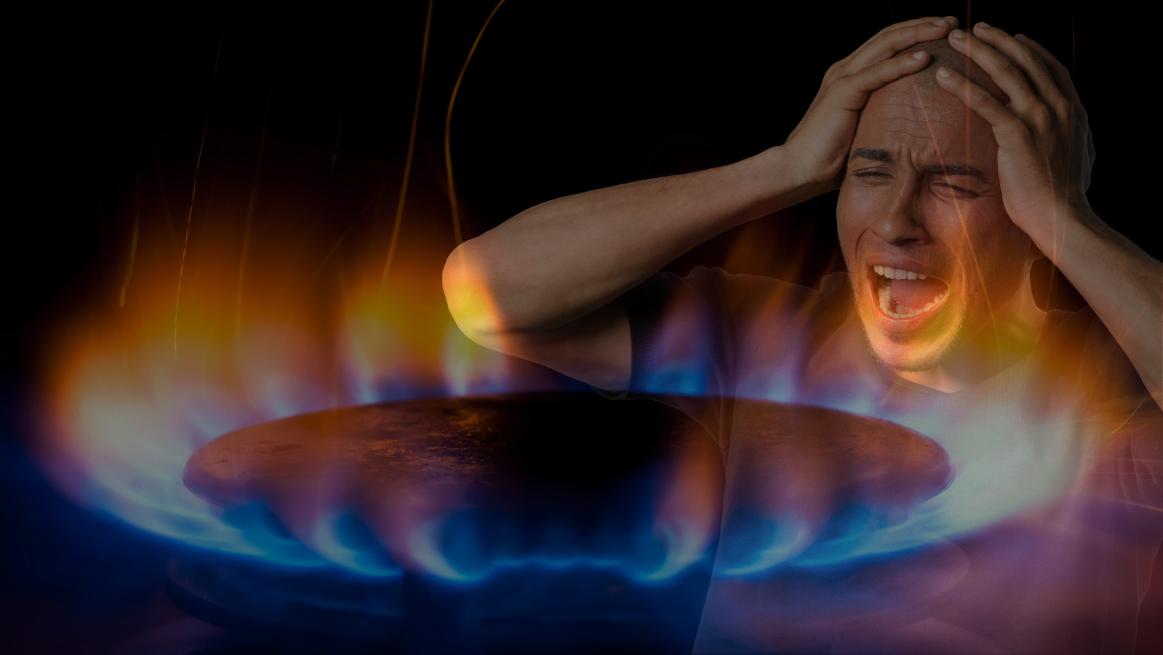 A man screams in front of a gas stove with blue and orange flames, hands on his head in distress.