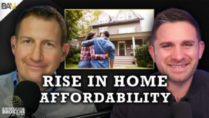 Podcast thumbnail showing two hosts with microphones and the title 'RISE IN HOME AFFORDABILITY'; center image of a couple in front of a house, Knowledge Brokers logo bottom-left.