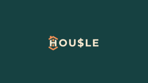 Brand logo for HOUSLE featuring an orange house icon integrated with the H on a dark teal background.