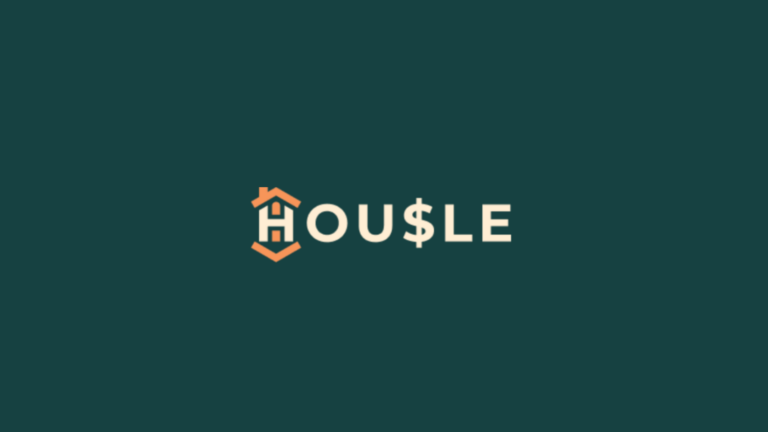 Brand logo for HOUSLE featuring an orange house icon integrated with the H on a dark teal background.