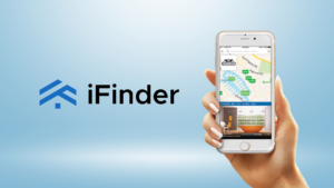 iFinder logo on a blue gradient background with a hand holding a smartphone showing a map app on screen.
