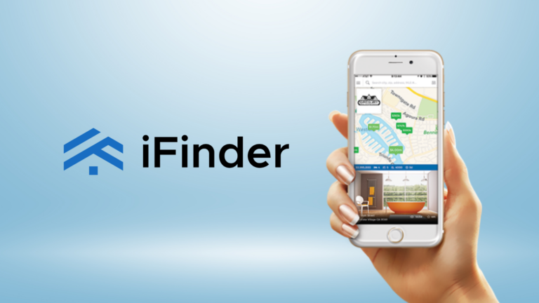 iFinder logo on a blue gradient background with a hand holding a smartphone showing a map app on screen.