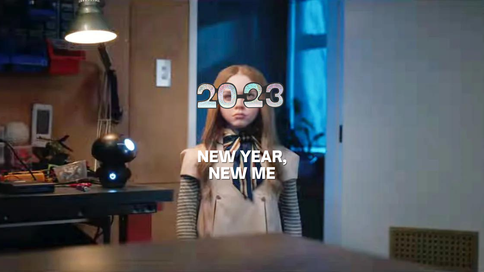 Meme-style image of a girl in a striped top and scarf standing in a cluttered room with a glittery '2023' overlay and the caption 'NEW YEAR, NEW ME' in front of her face.