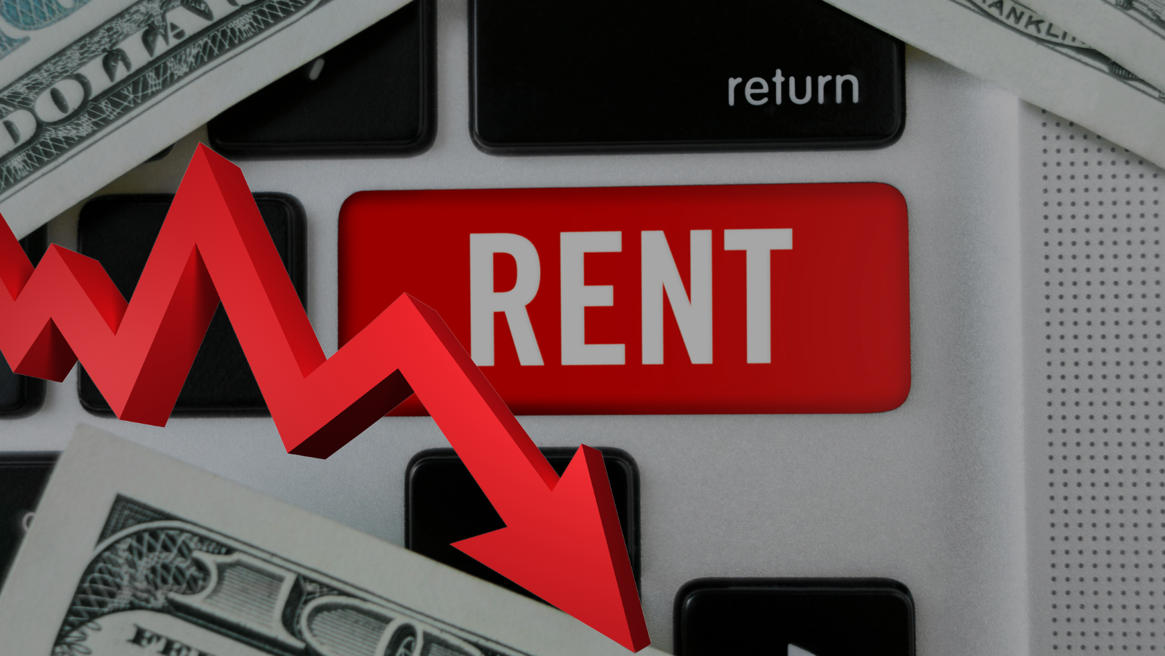 Red RENT key on a keyboard with a downward red zigzag arrow and dollar bills, indicating falling rent prices.