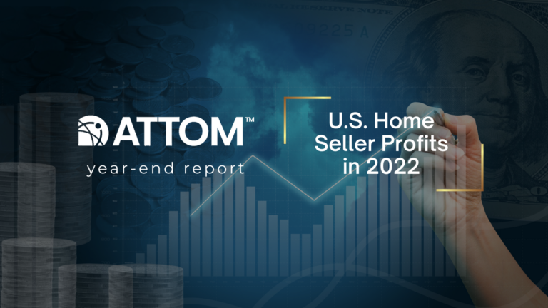 Cover banner for ATTOM year-end report: U.S. Home Seller Profits in 2022 with bar chart and coins background