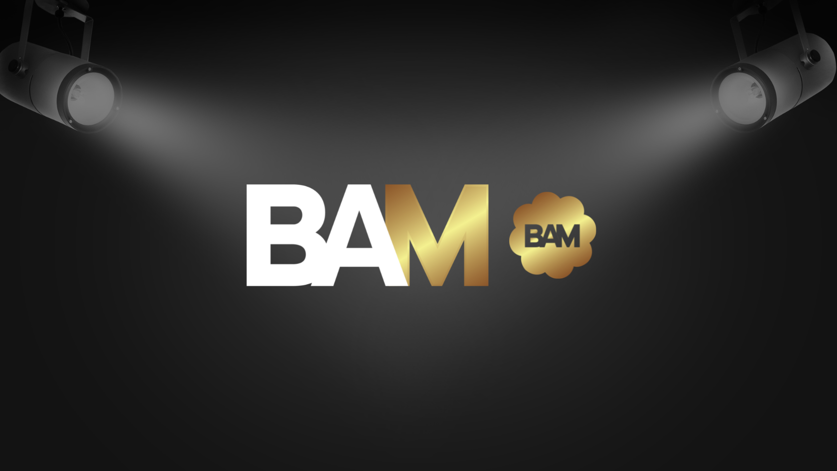 Logo for BAM with bold white and gold letters on a dark stage backdrop and spotlights shining down