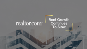 realtor.com branding with the headline 'Rent Growth Continues To Slow' over a city skyline and geometric shapes.