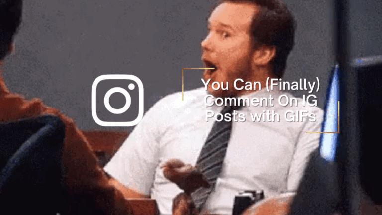 Man in a shirt and tie speaking in a meeting, with an Instagram logo and overlay text promoting GIF comments on IG posts.