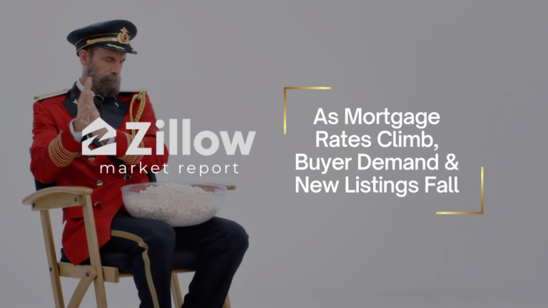 Banner for Zillow market report: man in a red ceremonial uniform sits with a popcorn bowl, with the headline about mortgage rates and listings on the right.