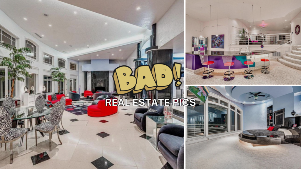 Collage of luxurious home interiors: bright lobby with white and black tiled floor, red seating, and high windows; multiple other stylish rooms shown in panels.