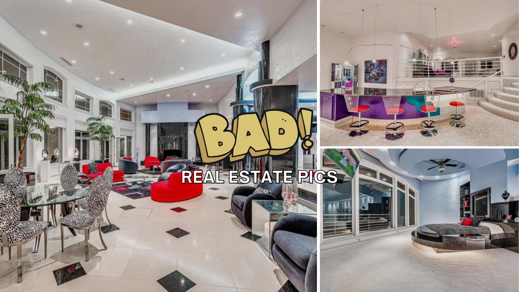 Collage of luxurious home interiors: bright lobby with white and black tiled floor, red seating, and high windows; multiple other stylish rooms shown in panels.