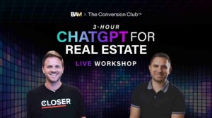 Banner for a 3-hour live workshop 'ChatGPT for Real Estate' with two smiling men and a dark grid background.