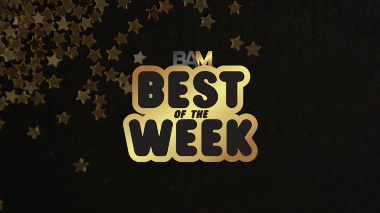 Logo reading 'BEST OF THE WEEK' in gold gradient letters with 'BAM' above, on a dark background with gold stars scattered around.