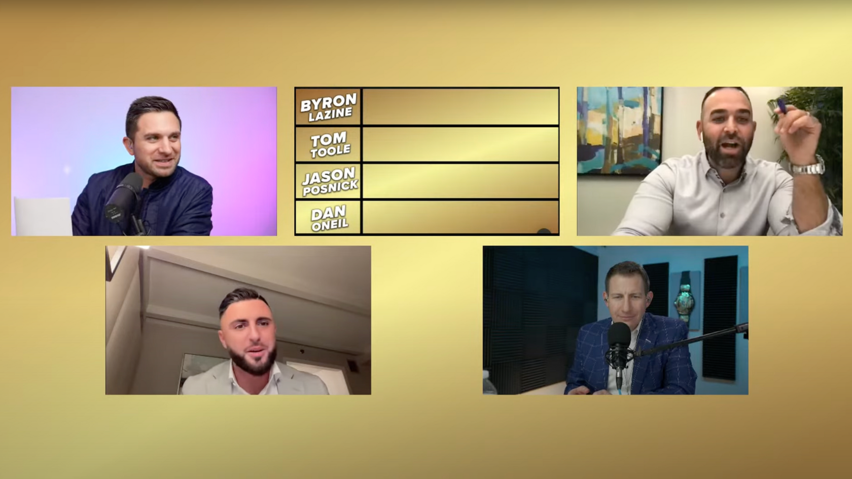 Five-panel podcast collage on a gold gradient background: two guests at top corners, a central name board, plus two guests at bottom, all speaking into mics or captions.