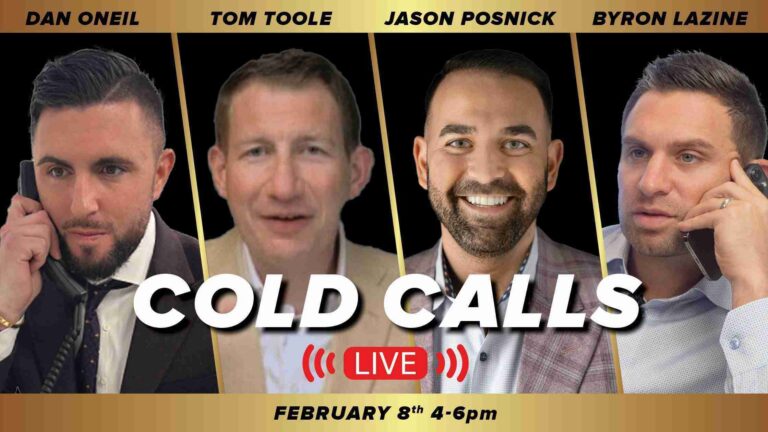 Promotional poster of four men in vertical panels (Dan O'Neil, Tom Toole, Jason Posnick, Byron Lazine) for a live Cold Calls event with date Feb 8, 4–6pm.